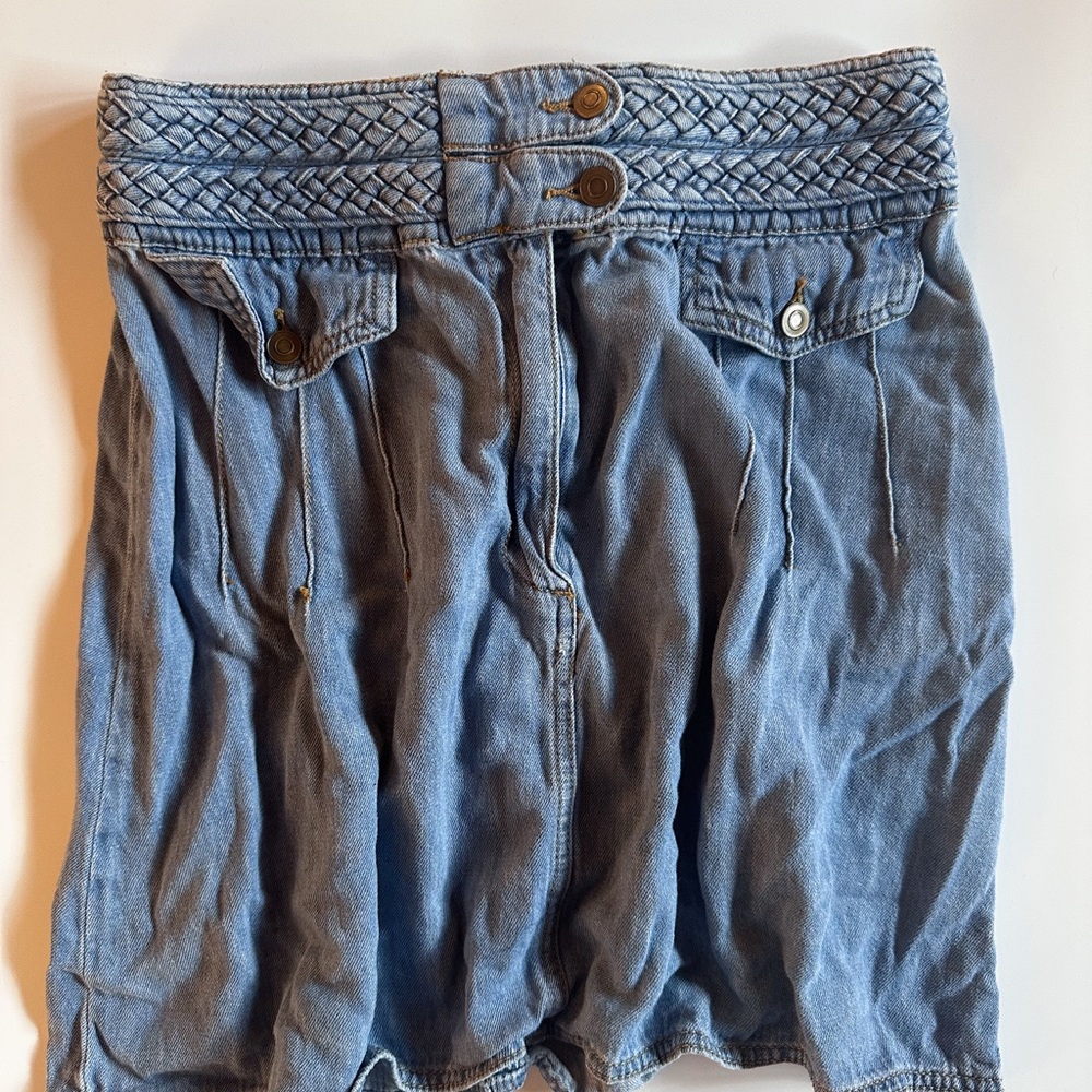 Free People Blue Mini Skirt with Braided Waistband and Pleats